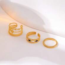1 Set (3pcs) Stainless Steel Adjustable Gold Open Rings With Black/White Stars & Crescent Moon Designs