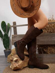 FVPFVP 2024 Fashionable Knight Boots With Buckle, Straight Cut Over The Knee Slimming Long Boots, Brown For Women, Winter,Western Style,Cowboy Boots - Coffee Brown - View 7