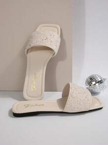 Women's One-Toe Crystal Decor Sandals, Casual Versatile Outdoor Plastic Flat Slippers