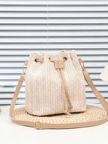 1pc Summer Essential Straw Woven Bucket Bag, Vertical Style Crochet Women Handbag, PU Color Block Shoulder Bag, Beach/Crossbody Bag With Drawstring Design, Versatile For Casual, Beach, Holiday, Shopping, Gift - Khaki - View 2