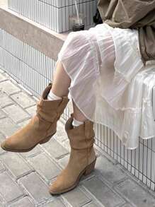 2025秋冬新款粗跟西部风做旧短靴，欧美风女式中筒靴