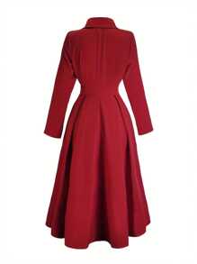 优雅女士深V领连衣裙，法式时尚风格，百搭欧式衬衫领连衣裙，修身学院风连衣裙，红色中长休闲连衣裙，适合办公室穿着 - 紅色 - 查看 3