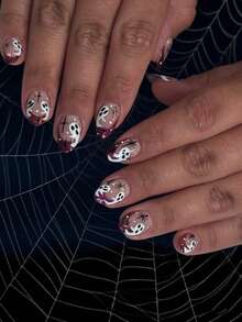 24片短圆形指甲，万圣节白色诡计小鬼假指甲，美甲用品，夏季假指甲，按压指甲 - 彩色 - 查看 1