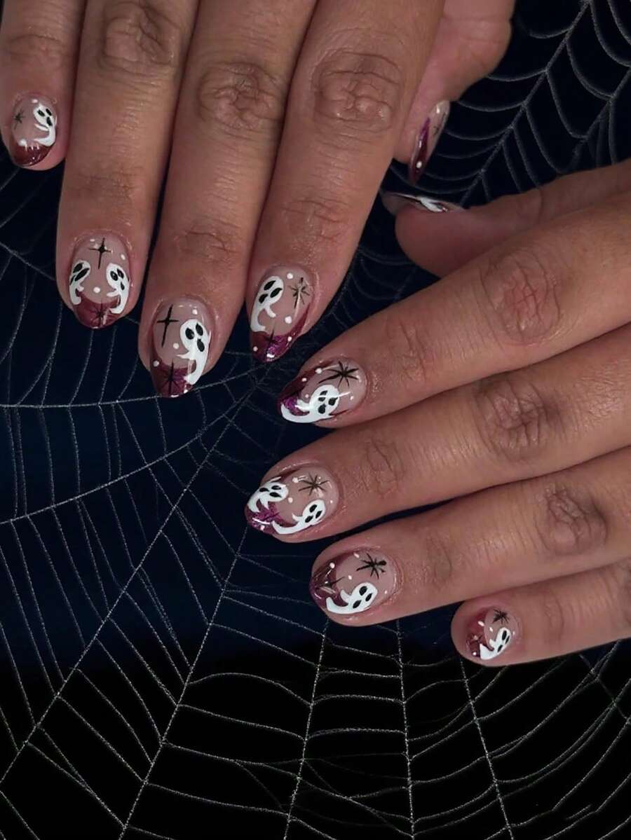 24片短圆形指甲，万圣节白色诡计小鬼假指甲，美甲用品，夏季假指甲，按压指甲 - 彩色 - 查看 1