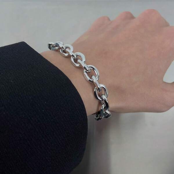 1pc Cross-Border 18cm Non-Fading Stainless Steel Thick Chain Bracelet With OT Clasp, Hip-Hop, Minimalist, Suitable For Couples, Fashion Accessory
