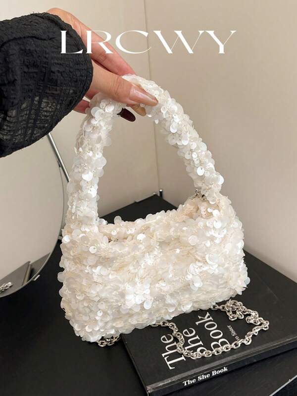 Versatile Mini Sequin Party Wristlet, Fashion Chain Shoulder Bag, Beaded Crossbody Bag, Evening Clutch, Chain Shoulder Bag, Handbag In Elegant White