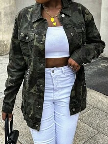 Áo khoác denim dài tay dáng rộng cho nữ cỡ lớn, cài cúc phía trước và có túi, họa tiết rằn ri, thích hợp cho mùa xuân. - Màu ngụy trang - Xem 3