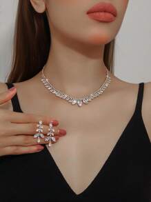 Set 3 buc. Cercei și colier eleganți cu cristale strălucitoare, accesorii de bijuterii la modă pentru mireasă, nuntă, rochie de seară