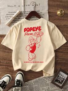 Popeye 1pc Tween Boy Casual Printed Round Neck Short Sleeve T-Shirt, Summer Student - An Attractive T-Shirt That Brings Joy And Happiness To Every Child! - Apricot - View 2