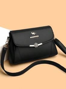 1 pieza Bolso bandolera de mujer de unicolor, con decoración de letras de metal, correa para el hombro desmontable, patrón floral vintage elegante, costuras reforzadas, solapa con cierre magnético, adecuado para compras, monedero, cosméticos, ir al trabajo
