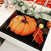 Un conjunto de 4/6 individuales para mesa y 1 camino de mesa, diseñados en un estilo temático de otoño con estampados de calabaza y hojas de arce, adecuados para mesas de comedor, muebles, decoraciones de fiestas festivas y pueden usarse tanto en interiores como en exteriores, lo que lo convierte en una elección ideal para la decoración de Acción de Gracias y otoño. - Multicolor - Ver 5