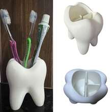 Tooth Shaped Toothbrush And Toothpaste Holder Fun Decoration 3 Compartments - White - View 7
