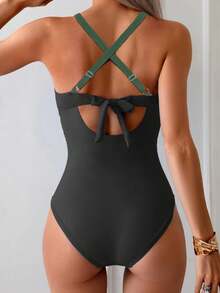 Women's One-Piece Swimsuit, Tummy Control, Criss-Cross Backless V-Neck Slimming Swimwear - Army Green - View 3