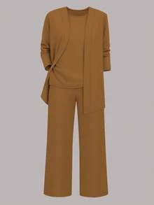 Bộ 3 món: Áo khoác màu trơn thường ngày + Áo thun cổ tròn không tay + Quần ống đứng cạp chun, chất liệu mềm mại, co giãn, dáng rộng thoải mái, thích hợp cho mùa xuân/thu/đông. - Màu Khaki - Xem 5