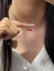1 件樱桃项链，可爱樱桃水果吊坠项链，红樱桃项链，女士夏季吊坠项链 - 金色 - 查看 2