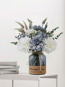 1束人造丝大丽花配桉树枝，仿真花花束，婚礼新娘捧花，桌面装饰，家居办公室浴室农舍厨房餐厅装饰 - 彩色 - 查看 4