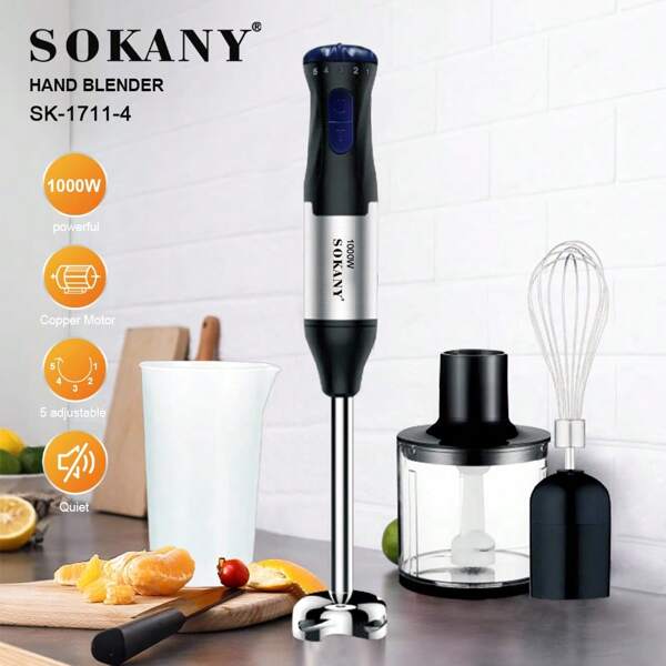 SOKANY SOKANY Batidora eléctrica intrusiva 4 en 1, 1000W de alta potencia, regulación de velocidad de 5 velocidades, base desmontable. Incluye el batidor principal, varilla batidora, tazón picadora de carne, taza trituradora. Adecuado para batir huevos, mezclar carne, hacer comida complementaria y hacer jugos. Un batidor muy adecuado para familias y hoteles, y un complemento de fruta.