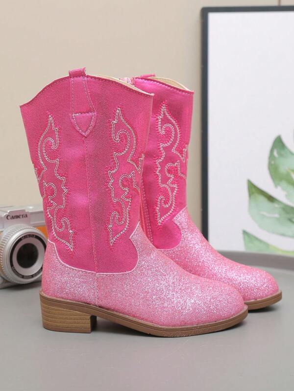 1 Pair Girls' Fuchsia Vintage Embroidered & Glitter Cowgirl Boots, Warm Thermal Lined Mid-Calf Round Toe Chunky Heel Design, Fashion & Cute Princess Western Cowboy Boots For Daily, Party, Outdoor, Autumn/Winter