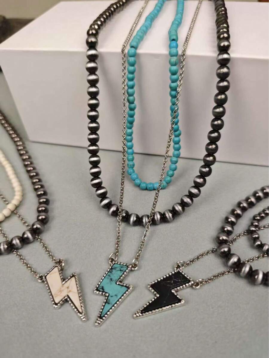 Collar colgante con rayo de imitación de perla y turquesa para mujeres, perfecto para fiestas, viajes y vacaciones - estilo 1 - Ver 1