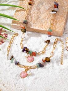 2 件/套秋冬仿珍珠手工天然石项链手链套装，具有不对称形状和碎石，配有搭扣，适合女性日常佩戴