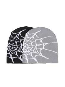 1 件蜘蛛网设计休闲亚克力针织便帽，无檐帽，适合春季、秋季、冬季滑雪、骑自行车、户外活动秋季服装 - 彩色 - 查看 2