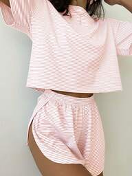 2pcs Simple Striped Loose Knit Long Sleeve Top & Side Split Shorts Casual Homewear Set For Home Use, Two Pieces Set Outfit