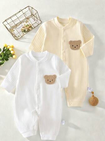 两件套婴儿连体衣，黄白刺绣小熊图案，新生儿，四季皆宜