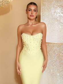 Nuevo vestido de novia con decoración de perlas sin tirantes de color rosa sexy, vestido de fiesta y noche - Amarillo - Ver 8