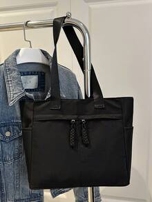 Bolsa de tela versátil y de moda de un solo color, bolso de hombro minimalista y casual con textura de color contrastante - Negro - Ver 4