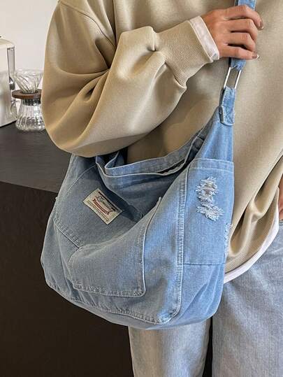 1pc Retro Distressed Blue Casual Crossbody Bag For Women, Large Capacity Soft & Light Shoulder Bag, Zipper Closure, College Style, Multipocket, Shopping Tote Bag , Blue