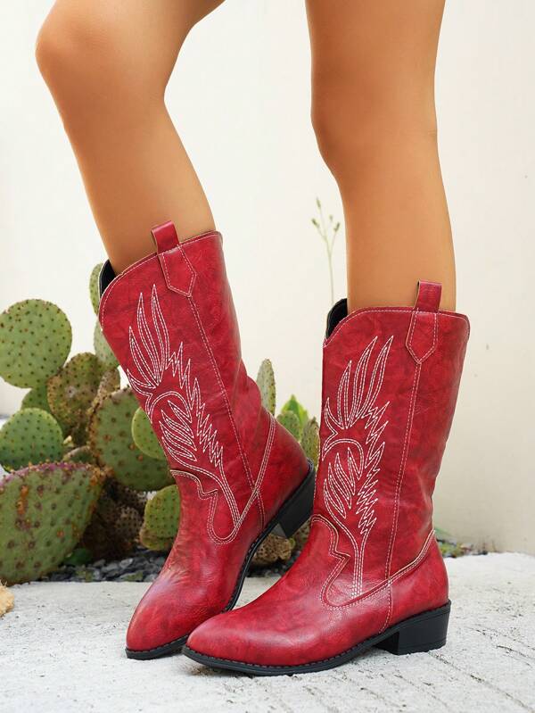 Botas de mujer de media pantorrilla estilo occidental, bordado vintage, punta puntiaguda, tacón de bloque, diseño de slip-on, moda clásica de botas cortas, diseño de lengüeta para fácil uso, tacón bajo
