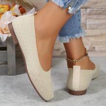 Women'S Black Woven Fabric Slip-On Flats - Casual Square Toe Shoes For Indoor & Outdoor Wear, All-Season Comfort With Rubber Sole, Breathable & Stylish Design - 橄欖綠 - 查看 2