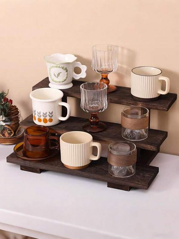 1pc Vintage Wooden Chinese Style Bookshelf, Small Desktop Tea Cup Rack, Tiered Display Shelf For Tea Pots And Tea Accessories, Storage Organizer