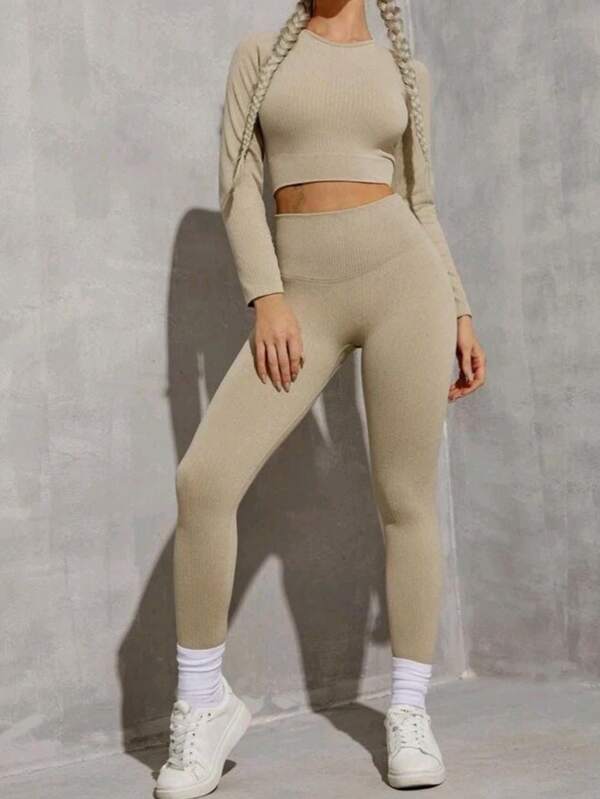 CHERRY KOKO Damen 3-teiliges Set: kariert, elastischer Patchwork-Look, Rundhalsausschnitt, Langarm, hohe Taille, gepolsterter Büsteneinsatz, anliegend, knielang, Sport- und Lässig-Outfit, geeignet für Gym, Frühling/Sommer/Herbst