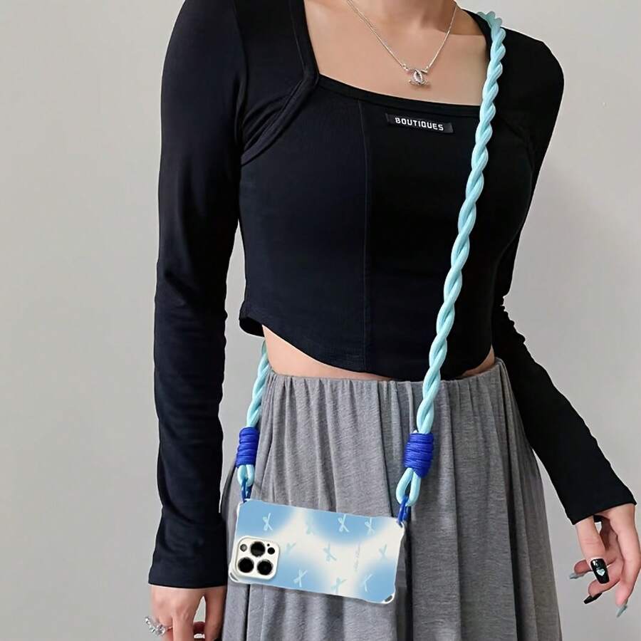 Funda para teléfono con cordón ajustable en las cuatro esquinas, diseño de lazo azul, compatible con phone 16 Pro/15 Plus/14/13/12. Resistente a golpes, antideslizante, ligera, con cordón ajustable en las cuatro esquinas. Fabricada en TPU de alta calidad con protección integral para lentes. - Blanco - Ver 1