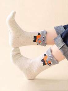 5 Pairs Kids Boys' Cartoon Animal Striped Mid-Calf Socks, Cute Japanese Style High Socks Suitable For Casual Shoes