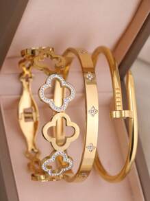 3 قطع / 1 قطعة سوار مطلي بالذهب الأصفر عيار 18 قيراط من الفولاذ المقاوم للصدأ على شكل رباعي ورقة البرسيم، مناسب للحفلات والاستخدام اليومي للنساء، بأسلوب أوروبي وأمريكي، مميز وفاخر، مرصع بالزركونيا المكعبة، مجموعة مجوهرات للزفاف، هدية للبنات والنساء والأقارب والأصدقاء، لمناسبات الزفاف والأعياد والعيد الحب