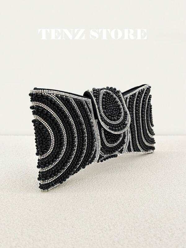 Plus Size Elegant Beaded Bow Evening Clutch Bag For Women – Black And Silver Handcrafted Rhinestones And Faux Pearls, Sparkly Envelope Purse With Detachable Chain Strap, Prom Dress, Formal Prom Party Wedding Handbag