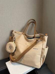 Bolso tipo tote de gran capacidad unisex con monedero 1 pieza, nuevo estilo coreano para estudiantes universitarios y de escuela secundaria, bolso casual, bolso cruzado de hombro, bolso de lona, bolso inclinado, bolso para mujer con monedero, bolso escolar para compras, vacaciones, bolso de tote con cremallera de moda, bolso tote escolar grande, múltiples compartimentos, perfecto para la playa, escuela, trabajo y uso diario