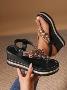 女式夏季罗马风格波西米亚复古简约休闲一脚蹬坡跟人字凉鞋，户外