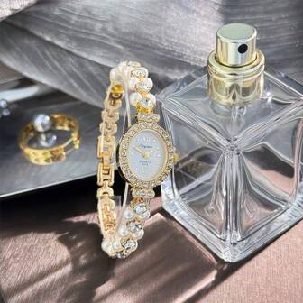 1 件女士法式优雅浪漫珍珠和水钻手链手表，椭圆形合金表壳，优雅高贵的石英手表