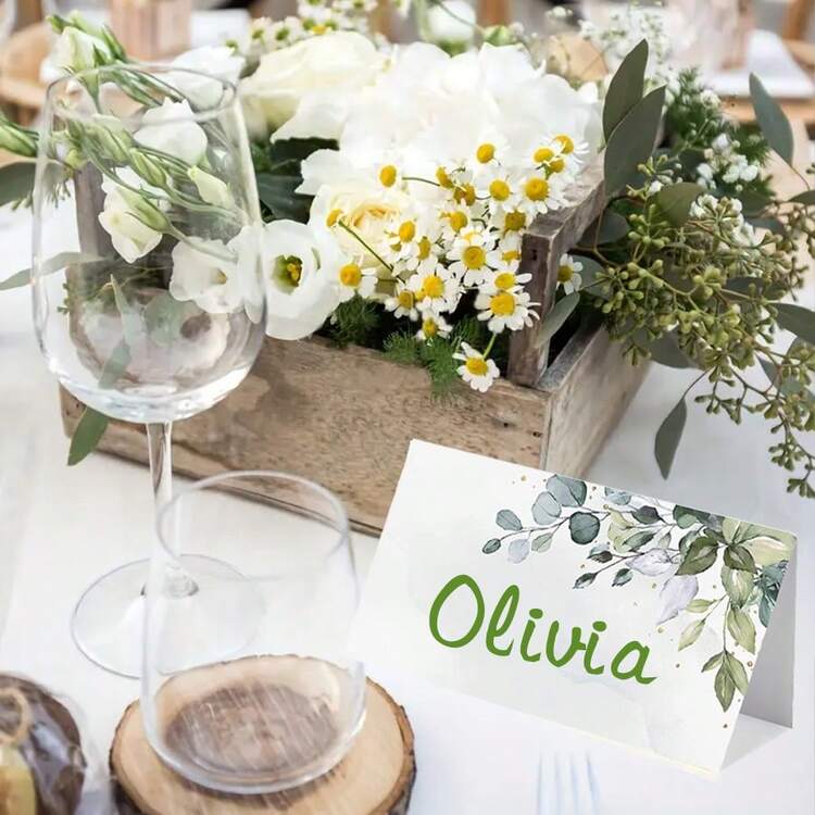 100/50/20 piezas Tarjetas de lugar de boda elegantes con hojas de olivo en acuarela, tarjetas de nombre plegables para bodas, fiestas, bautizos, cenas, 3.54" X 3.93", adecuadas para Halloween, Navidad, Acción de Gracias y festivales de cosecha, otoño - Multicolor - Ver 5
