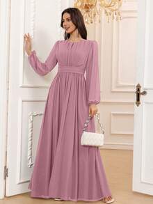 Volly Toych 薰衣草色优雅A字圆领长袖及地雪纺正式伴娘礼服、婚礼宾客礼服，无袖无衬里春季款 - 灰藕荷 - 查看 5