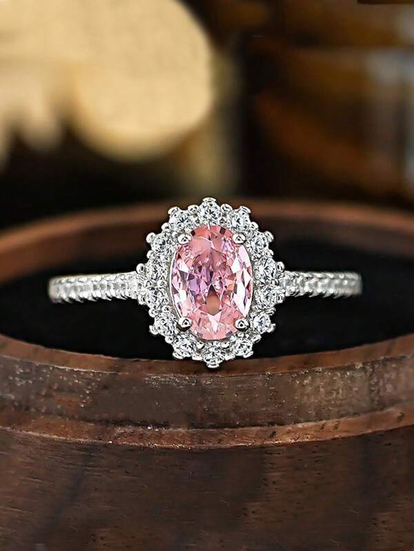 1 pieza Anillo de plata S925, óvalo de amatista de 5*7mm con circonita, sencillo y elegante, regalo para mujeres