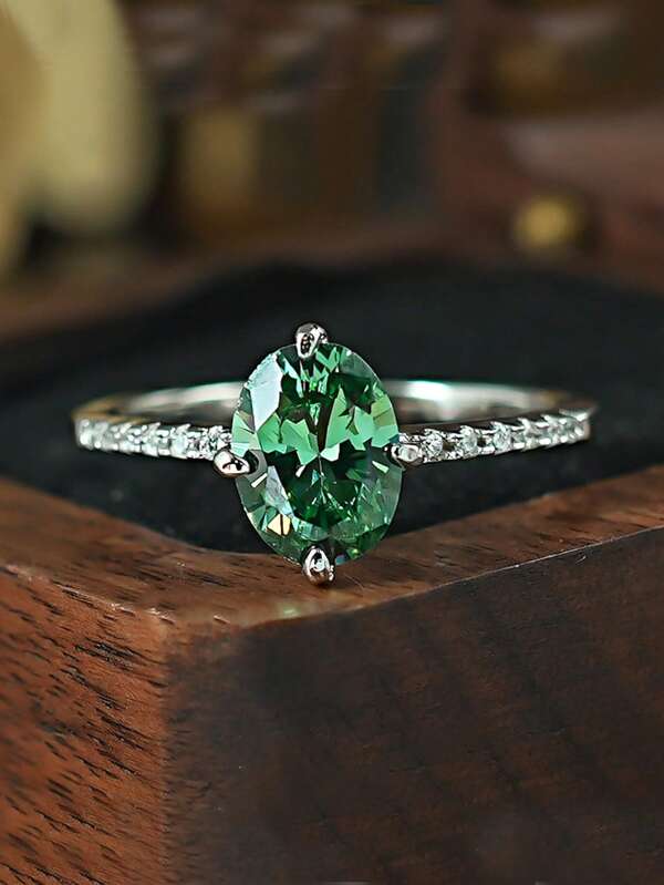 1 pieza Anillo de cóctel con forma de huevo ovalado de plata S925 de 6*8mm, elegante y minimalista, con circonita verde, regalo de lujo para mujeres