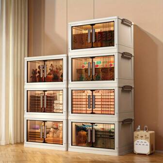2/3-Layer Foldable Storage Cabinet With Wheels - Transparent Plastic Stackable Storage Boxes, Multipurpose Space-Saving Organizer, Suitable For Wardrobe, Bedroom & Home Decor, Easy-Grab Handles, Compact & Durable Structure, For Office & Under-Bed