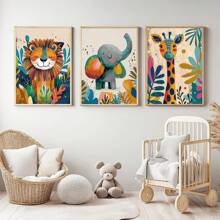 Juego de 3 lienzos decorativos con animales sin marco, estilo moderno, impresiones de león, elefante y jirafa en dirección retrato, tema de la jungla interior, incluye pósters sin marco, adecuado para el hogar, la oficina, la sala de estar y el dormitorio