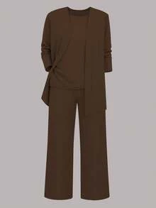 3 sztuki/zestaw damska swobodna jednokolorowa kurtka + okrągły dekolt bez rękawów + elastyczny pas drapowana kieszeń proste nogawki spodnie strój dojazdowy, wiosna jesień zima