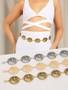 1pc Women's Retro Floral Patterned Metal Bohemian Western Style Cowgirl Double Horseshoe Buckle Decoration Belt, Suitable For Summer Casual And Outdoor Outfits Summer, School Fall, Autumn, Halloween - XY1180 - View 4