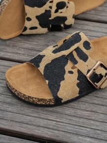 Women's Summer Casual Outdoor Open Toe Flat Beach Sandals, Animal Cow Pattern Slip-On - Brown - View 12